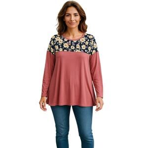 Cool Melon Pink Colorblock Floral Print Yoke Crew Neck Long Sleeve Tunic Top‎ 1X